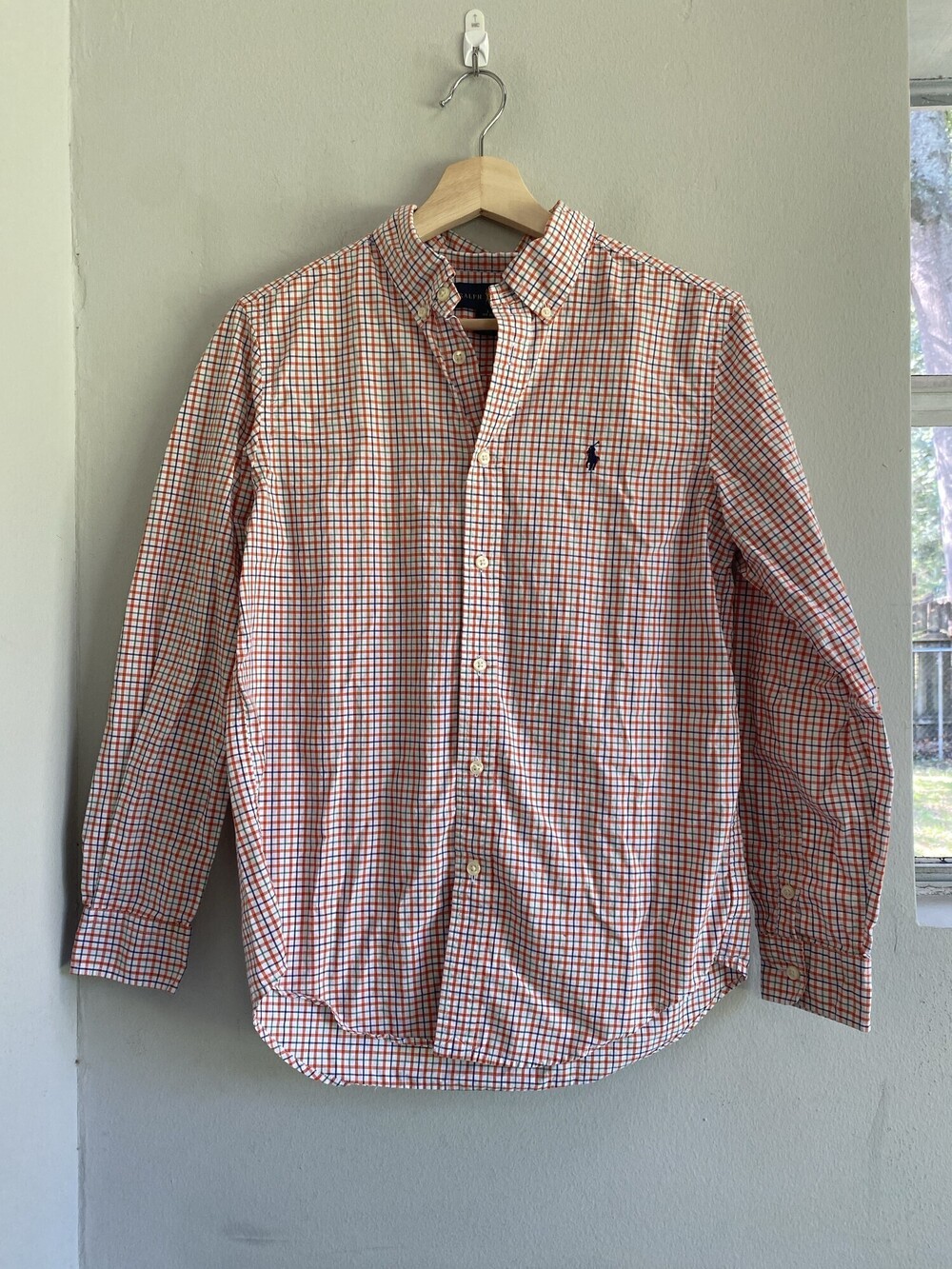 Ralph Lauren Boys Orange Multicolor Check Button Down L 14-16